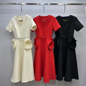 Flower Women Elegant Short Sleeve Dresses with Belt Designer V Neck Back Zipper Design Dress