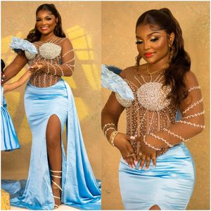 2024 African Plus Size Prom Dresses for Black Women Girls Illusion Evening Dresses Mermaid Sexy Side Slit Formal Dress Beaded Second Reception Gowns Birthday AM513