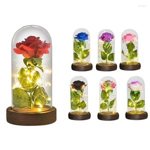 Decorative Flowers Eternal Rose Flower In Glass Dome With LED Light Wooden Base Valentine Christmas Gifts For Women