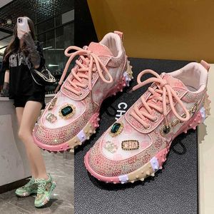 Dress Shoes Motorcycle Boots Pink Mesh Dad Shoes Womens Spring 2023 New Diamond Embedding Fashion SingleH240313