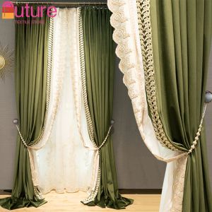 Curtains Luxury Retro Olive Green Velvet Patchwork Curtains for Embroidered Window Screens Living Room French Window Customized