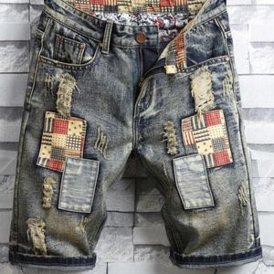 Herr jeans mode denim shorts sommar lösa raka hål byxor för man tiggarmönster förstörda lapp hip hop byxor tonåring