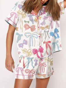 Damska odzież sutna 2 -częściowa satynowa piżama zestaw śliczny łuk druk koszula krótkie szorty pasujące do letniego salonu