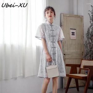 Vestidos casuais ubei verão tribunal francês retro vestido meninas estilo chinês cheongsam renda moda