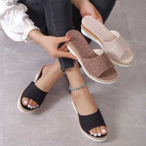 Slippers Sandals 2024 Summer New Checkered Womens Slope Heels 35-42 Large Open Toe Slippers ShoesH240313