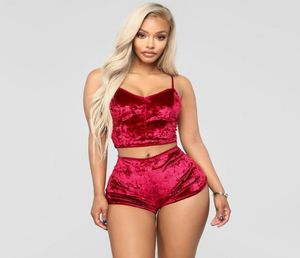 Women039s Tracksuits 2021 Autumn Two Piece Velvet Set Outfits Women Tracksuit Sexy V Neck Spaghetti Straps Crop Top Shorts Ni6905984