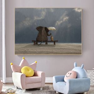 Rolig djur affisch väggkonst duk målning söt elefant bild hd tryck för barn rum och sovrum dekoration ingen ram258d