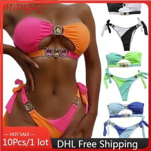 Women's Swimwear 10sets Wholesale Bikini Sets Swimsuit Women 2 Piece Crystal Diamond Detachable Chest Cushion Fashion Outfits B11378