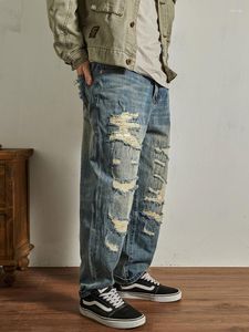 Mäns jeans tvättade rippade hål denim retro streetwear amerikansk stil casual lösa byxor för män 2024 Vårens ankomst
