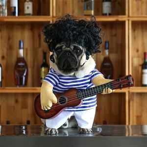 Engraçado animal de estimação guitarrista cosplay cão traje guitarrista vestir-se festa halloween ano roupas para pequenos gatos franceses 3 y200330262g