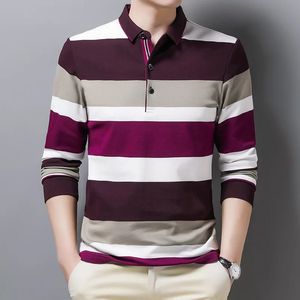 Brand 100% Cotton s Men Striped Autumn Clothing Long Sleeve Casual Polo Korean Mans Shirt Fashion Tops 240326