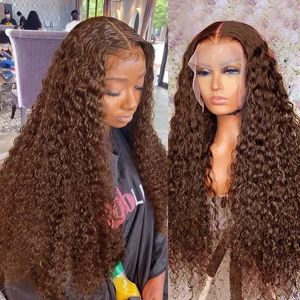 Brazilian Hair 40 Inch Curly Chocolate Brown Color 360 Hd Transparent Lace Front Simulation Human Hair Wigs Deep Wave 13x4 Lace Frontal Wig