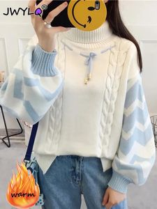 Jesienne zimowe turtleeck koronkowy skręt Sweter Pullover Women Korean Fashion Lose Long Rleeve Piaski z szwami Krzykami 240304
