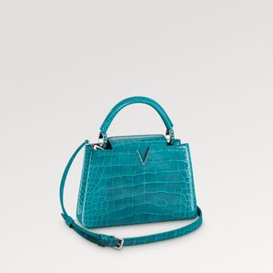 Explosion New Women's Capucines BB N91698 BLEU Canard Brilliant Alligator Pattern Crocodile Double Carry Style Flap Inuti utanför glänsande metall hårdvaru lyx