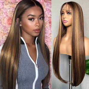 Synthetic Wigs Highlight Synthetic Lace Front Wig 32In Long Straight with Hair Honey Blonde Middle Part Hair for Women ldd240313