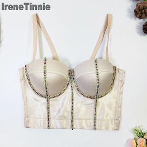 Tanques femininos IRENE TINNIE Mulher Estilo Simples Roupas de Alta Qualidade Brilhante Diamante Mulheres Sexy Crop Top Bra Pad Push-Up Curto Corset Party Club