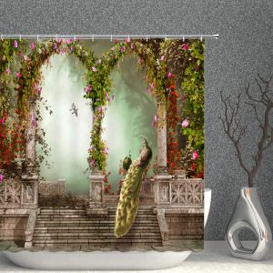 Gardiner påfågel dekor dusch gardin fantasy trädgård välvda dörr färgglada blommor tyg badrum gardiner vattentät polyester med krok