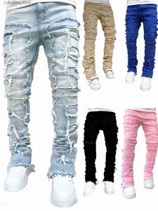 Mäns jeans herrar regelbundet passar staplade jeans rippade smala fit lapp nöd förstörda raka denim byxor hip hop streetwear byxa tyg l240313