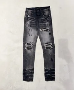 Herren-Designer-Jeans, Herren-Jeans, lässig, schmal, Cowboy-Hose, gerade, schmal, Knieloch, schwarzes Leder, Hip-Hop-Straßenhose, Größe 29–40