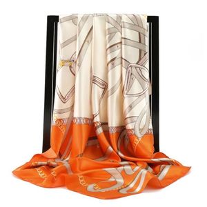 Fashion Chain Print Square Head Scarves Lady Shawls Silk Scarf Women Foulard Satin Hijab 90 90cm Infinity269K