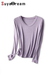 Suyadream Womens Wool and Silk Blend T-shirt rund hals Långärmad grundläggande tee monokromatisk rosa vita fall vinter240313