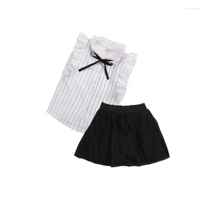 Clothing Sets 2024 2-7Y Cute Formal Born Baby Girl Princess Sleeveless Turn-down Collar Single Breasted Striped Shirt Tops Black Skirt 2PCS