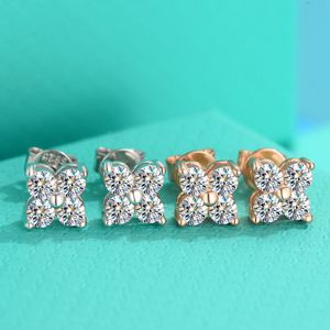 Passe no teste S925 prata banhado a ouro piscando moissanite flor brincos para homens mulheres para festa de casamento belo presente