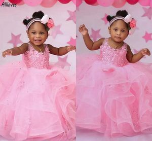 Cute Pink Flower Girl Dresses O-neck Lace Beads Little Girls Formal Party Gowns Puffy Ruffles Tiered Princess Kids Toddler First Communion Birthday Dress CL3383