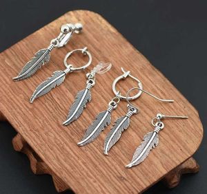 Stud Earrings Fashion Men Punk Feather Tassel Long Chain Pendant Stainless Steel Earring Unisex Trend Rock Hipster Ear Clip Gift