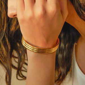 Bangle Uworld Minimalist Three-layer Ribbed Open Bracelet Stainless Steel Waterproof Gold Color Trendy Fashion Chic Jewelry Pulseras
