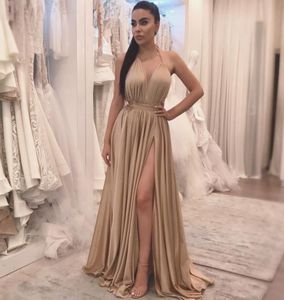Champagne Sexy Side Split Prom Dresses Simple Halter Floor Length elegant evening formal dresses 2020 African Prom Party Gowns7744544