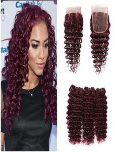 whole brazilian human hair weave bundles 99j burgundy lace closure with bundles 8a remy deep wave hair bundles with 44 lace c2676329