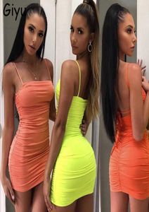 Giyu Sexy Bandage Neon Dress Women Clothes 2020 Summer Spaghrtti Strap Mini Club Party Dresses Bodycon Ruched Backless Vestidos9783546