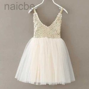 Girl's Dresses Cute Silver Sequin Dress Kids V-neck Beige Glitter Bling Straps Chiffon Dress Party Dresses 1-7Y ldd240313