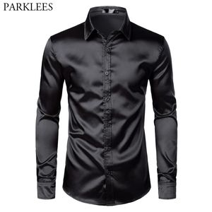 Mens Black Satin Luxury Dress Shirts Silk Smooth Men Tuxedo Shirt Slim Fit Wedding Party Prom Casual Chemise Homme 240307