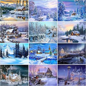 Pinturas DIY 5D Pintura Diamante Casa Bordado Inverno Neve Cenário Completo Quadrado Redondo Mosaico Resina Paisagem Cross Stitch Kits276F