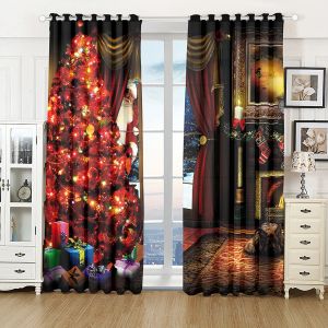 Curtains Cartoon Christmas Tree Light Happy New Year Kid's Window Curtains Blinds for Living Room Bedroom Kitchen Door Home Decor 2Pcs