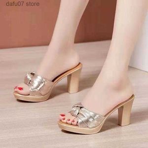 Sandals Cool mop for women wearing fashionable 2023 new sponge cake thick sole waterproof platform casual small fish mouth high heel slippersH240313