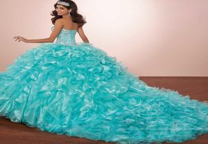 Masquerade Ball Gown Luxury Crystals Princess Puffy Quinceanera Dresses Turquoise Ruffles Vestidos De 15 Dress with Bolero jacket7109340