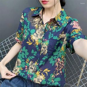 Blusas femininas roupas gola virada para baixo blusa vintage floral impresso verão manga curta casual elegante bolsos emendados botão camisa