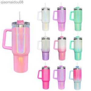 Tumblers 40 oz Tumbler With Handle Lid and Straw Insulated Rainbow Paint Stainless Steel Travel Mug Iced Coffee Cup for Hot Cold Water HKD230830