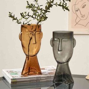 Nordiskt glas Mänskligt huvud Vas Creative Artistic Face Dried Flower Pot Container Heminredning Handikraft Tillbehör 210610330A