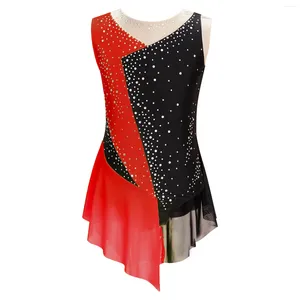 Bühnenkleidung Kind Mädchen Eiskunstlauf Kleid Ärmel Bodysuit Glänzender Strass Sheer Mesh Tutu Ballett Lyrischer Tanz Gymnastik Trikot