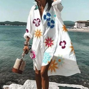 Lässige Kleider Übergroßes Hemdkleid Frauen Sommer Druckknopf Langarm Lose Strand Weibliches elegantes böhmisches Urlaubs-Sommerkleid