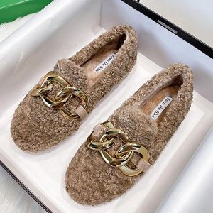 Casual Shoes Brand Metal Chians Fur Flats Women Big Gold Buckle Lambwool Moccasins Female Round Toe Warm Cotton Winter Size 34-43