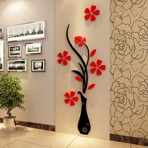 Moda DIY Home Decor Vaso 3D Flor Árvore Cristal Arcylic Adesivos de Parede Art Decal205J