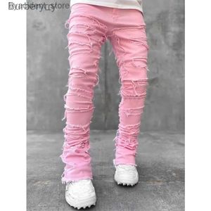 Män jeans herrar jeans mens mager jeans frans hip-hop r kant elastisk lapp punk rock långa tätt passade jeans denim byxor blå rosa streetwearl231011 l240313