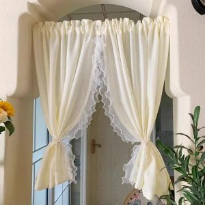 Cortinas coreano laço duplo com pérolas tule cortinas para quarto menina sonho francês luz amarelo curto puro voile para porta cozinha