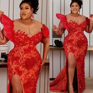 2024 Aso Ebi Red Mermaid Prom Dress Lace Frisado Sheer Neck Noite Festa Formal Segunda Recepção 50º Aniversário Vestidos de Noivado Vestidos Robe De Soiree ZJ170