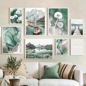 Каллиграфический пейзаж, картина на холсте, настенная живопись, зеленое озеро, одуванчик, мраморный пейзаж, постер и принт, современный домашний декор для гостиной